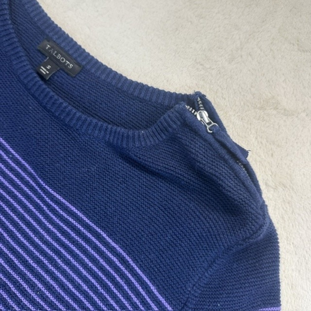 Talbots Navy Purple Striped Cotton Cashmere Sweater Shoulder Zip Small